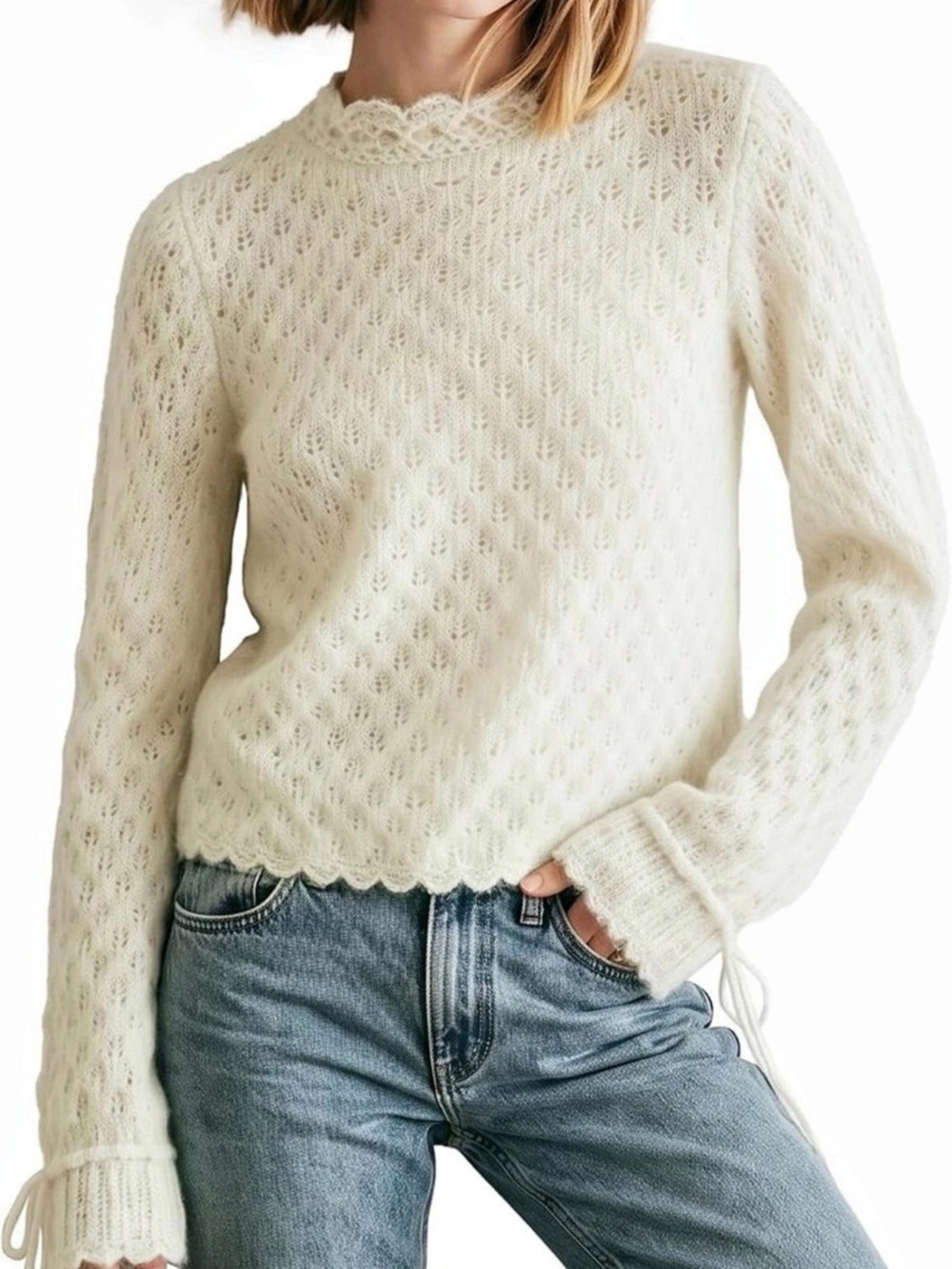Lace Knit Tie-Cuff Sweater in White Like New